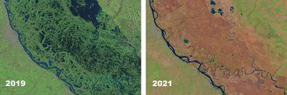 Imagens de satélite que mostram o avanço da seca, comparando as situações vistas em 2019 e hoje. O prognóstico não é animador: o Instituto Nacional da Água prevê mais seca até setembro.
