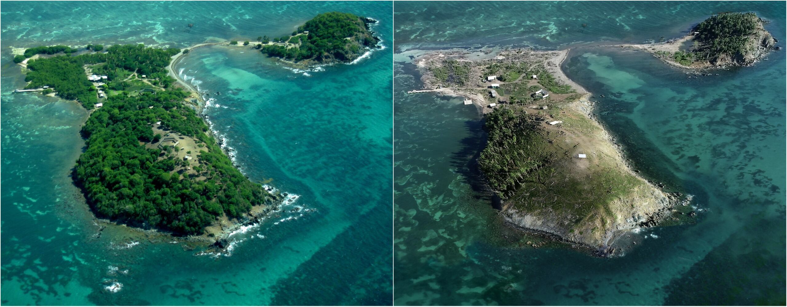 Aspecto da ilha antes e depois do furacão Maria. 
