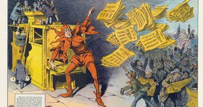 A imprensa amarela, de M. Slackens, em que se mostra W. Randolph Hearst como um bobo da corte que divulga notícias. Publicado por Keppler & Schwarzmann em 1910.