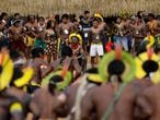 Indigenous leader Cacique Raoni of Kayapo tribe watches a performance of Kayapo people during a four-day pow wow in Piaracu village, in Xingu Indigenous Park, near Sao Jose do Xingu, Mato Grosso state, Brazil, January 17, 2020. REUTERS/Ricardo Moraes