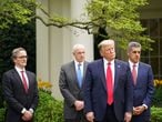 US President Donald Trump stands with Healthcare CEOs during the daily briefing on the novel coronavirus, which causes COVID-19, in the Rose Garden of the White House on April 14, 2020, in Washington, DC. (Photo by MANDEL NGAN / AFP)