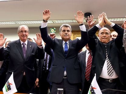 Eduardo Cunha, Romero Juca e Eliseu Padilha, na conven&ccedil;&atilde;o do PMDB.