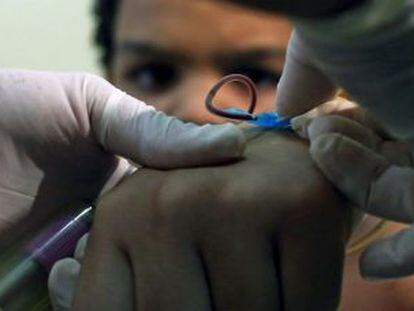 Análise de sangue de uma criança em São Paulo, para comprovar se está infectada pelo vírus do zika.