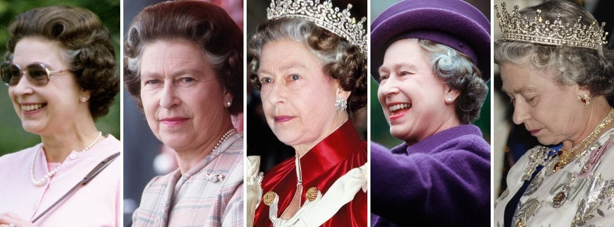 A evolução do cabelo da rainha Elizabeth II: da esquerda para a direita, em 1982, 1988, 1990, 1991 e 1993.