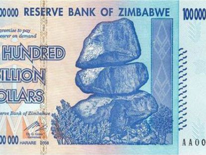 Nota de 100 trilhões de dólares zimbabuanos.