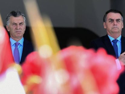 Os presidentes Mauricio Macri e Jair Bolsonaro, em encontro na manhã desta quarta em Brasília.