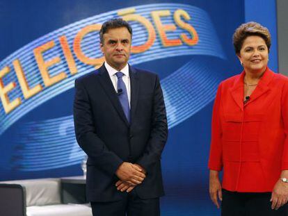 A&eacute;cio e Dilma, durante o debate na Globo.