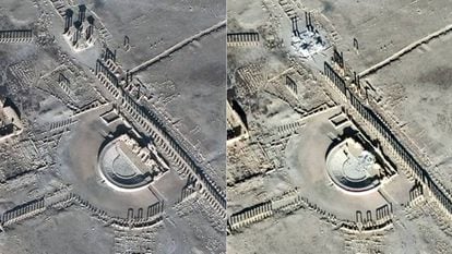 Imagens por satélite do teatro romano e do Tetrapylon de Palmira em 26 de dezembro de 2016 (E) e 10 de janeiro passado (D).