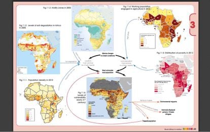 Infográfico em inglês sobre o impacto da mudança climática na África. Mostra as inter-relações entre as zonas de aridez e os níveis de degradação do solo, densidade populacional, níveis de vulnerabilidade, população trabalhadora dedicada à agricultura e níveis de pobreza.