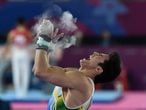 Brazil's Arthur Nory Mariano celebrates as he competes in the Artistic Gymnastics Men's Individual All-Around Final event of the Lima 2019 Pan-American Games in Lima, on July 29, 2019. 