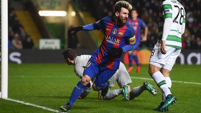 Messi marcou dois contra o Celtic.