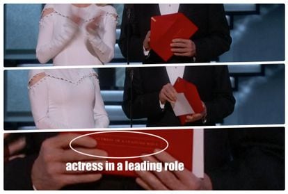 Os apresentadores estão com um envelope de outra categoria, onde se lê "Melhor atriz"