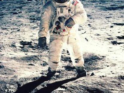 Edwin F. Aldrin, durante seu passeio pela superfície da Lua, em 1969.