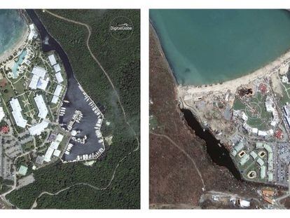 Montagem de imagens de satélite da Ilha de San Martín, em 25 de agosto de 2016 e, depois, em setembro de 2017