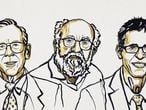 James Peebles, Michel Mayor y Didier Queloz, premios Noble de Física, en un dibujo distribuido por la Fundación Nobel. 