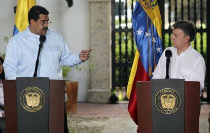 Maduro e Santos na Col&ocirc;mbia, no in&iacute;cio do m&ecirc;s.