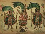 History. Precolombian. Genealogy of the house Menduza-Moctezuma. From left to right. Tezozomoc (governor of Azcapotzalco, 15th century), Quaquahpitzuac (governor of Tlatelolco, 15th century), Moctezuma. 17th-18th century. National Museum of Anthropology. Mexico. (Photo by: Prisma/Universal Images Group via Getty Images)