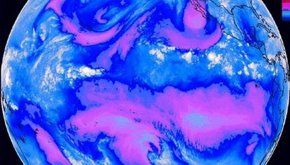 Vapor de água em camadas altas registrado pelo satélite GOES.