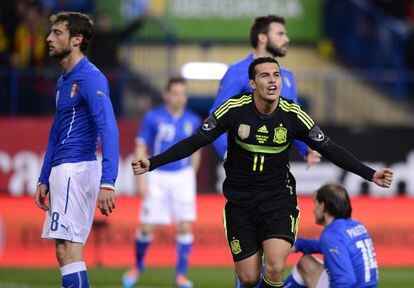 Pedro comemora o gol da Espanha contra a Itália.