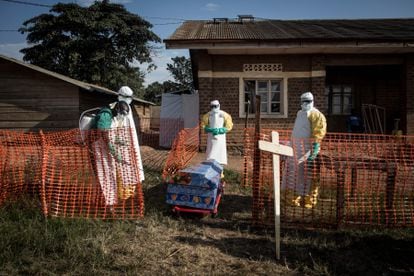 Agentes sanitários desinfetam um caixão durante enterro seguro em agosto de 2018 na localidade de Beni, nordeste do Congo.