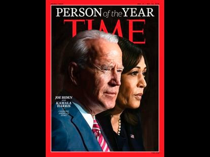 Capa da revista ‘Time’ que retrata o presidente-eleito dos EUA, Joe Biden, e a sua vice, Kamala Harris, como personalidades do ano.