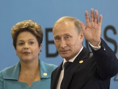 Putin e Rousseff durante a c&uacute;pula dos BRICS.
