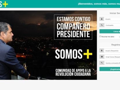 Foto da página principal da campanha 'Somos +' de Rafael Correa.