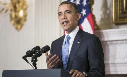 O presidente dos EUA, durante seu discurso sobre o acordo com Irã.