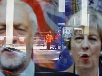 Imagens da campanha dos candidatos Theresa May e Jeremy Corbyn, candidatos que disputam as eleições no Reino Unido, nesta quinta-feira.