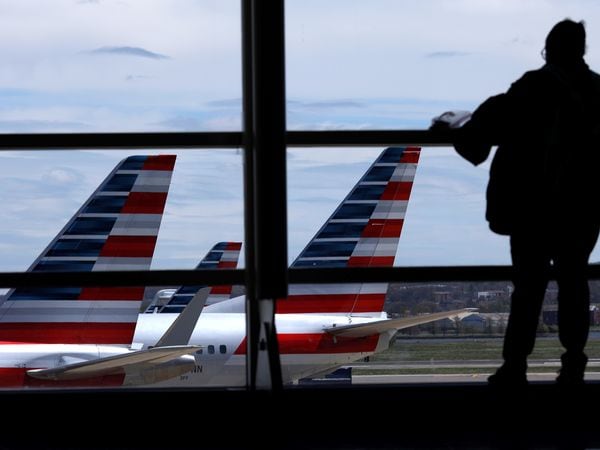 American Airlines  aircrafts are seen while a passenger waits for boarding at the Reagan International Airport as the spread of coronavirus disease (COVID-19) continues, in Washington, U.S., April 3, 2020. Picture taken April 3, 2020. REUTERS/Carlos Barria