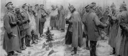 Tropas britânicas e alemãs celebrando o Natal de 1914.