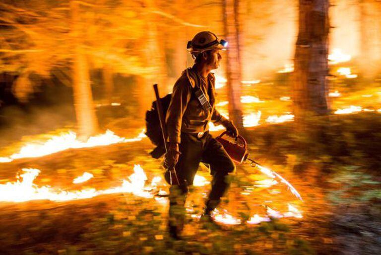 Bombeiro da Califórnia tenta alterar o rumo do incêndio.