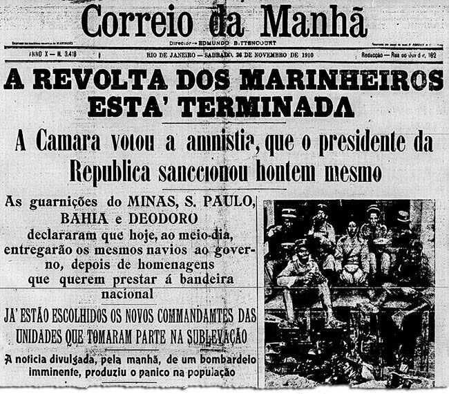 O fim da revolta na primeira página de um jornal carioca, em novembro de 1910.