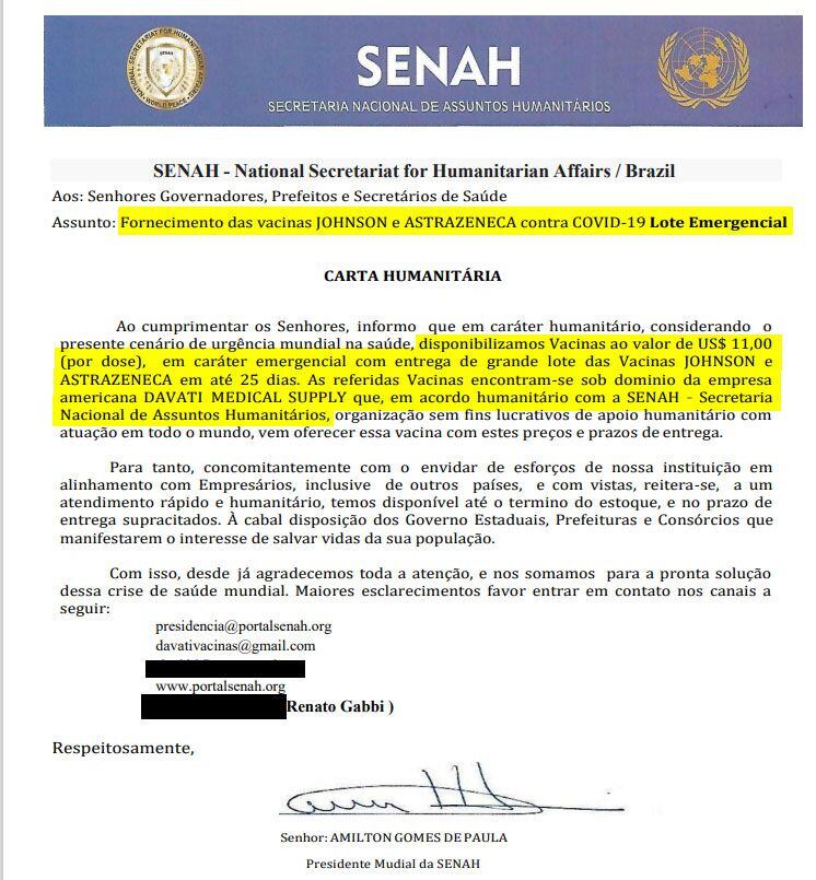 Reprodução da carta enviada pela Senah.