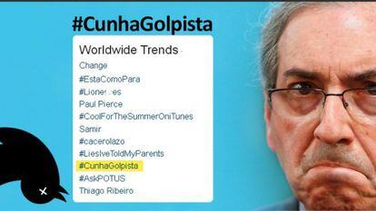 Montagem com a foto de Cunha e os Trend Topics do Twitter de quarta.