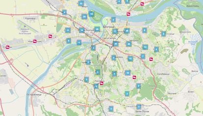 Mapa das câmeras colocadas em Belgrado elaborado pela Share Foundation.