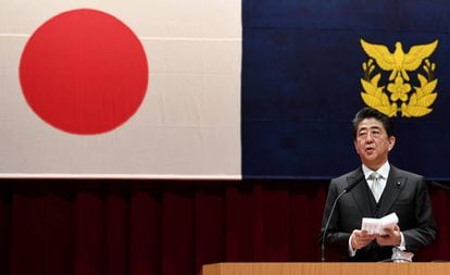 O primeiro-ministro do Japão, Shinzo Abe, durante um discurso em 17 de março.