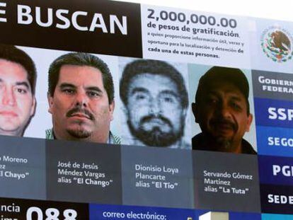 Cartaz con quatro narcotraficantes em Michoacán. Nazario Moreno é o primeiro à esquerda.