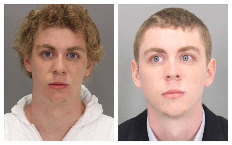 Brock Turner, ao ser preso janeiro de 2015 (à esquerda) e ao ser condenado por estupro em junho de 2016 (à direita).