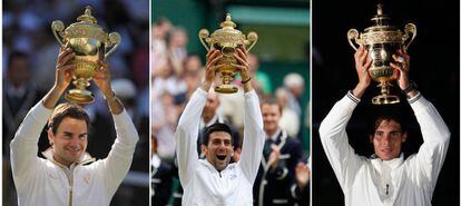 Roger Federer, Rafael Nadal e Novak Djokovic com os troféus de Wimbledon.