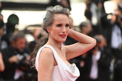 CANNES, FRANCE - JULY 07: Andie Macdowell attends the "Tout S'est Bien Passe (Everything Went Fine)" screening during the 74th annual Cannes Film Festival on July 07, 2021 in Cannes, France. (Photo by Kate Green/Getty Images)