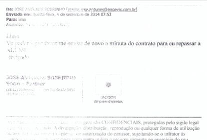 E-mail supostamente enviado pelo empresário José Antunes Sobrinho ao coronel Lima com o texto seguinte: "Lima, vc poderia por favor me enviar de novo a minuta do contrato para eu repassar a ALUMI. Obrigado".
