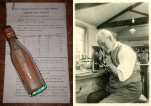 Uma das garrafas (esquerda) enviadas pelo biólogo marinho G. P. Bidder (direita) entre 1904 e 1906 para estudar as correntes no mar do Norte.
