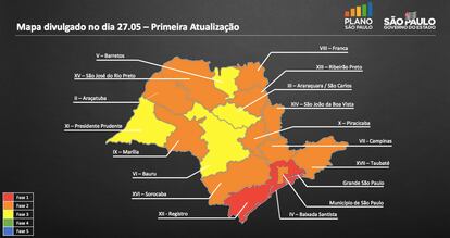 Mapa do Estado de São Paulo mostra o retrato dos muncípios no final de maio, com a maioria deles nas fases dois ou três - laranja e amarela - da retomada. 