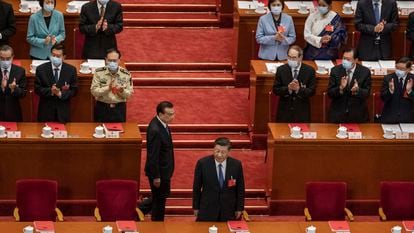 O presidente chinês, Xi Jinping, na abertura da sessão legislativa que iniciou a tramitação da nova lei de segurança de Hong Kong, em 22 de maio, em Pequim.