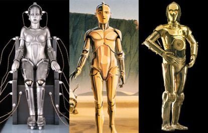 O robô Metrópolis (à esquerda); um dos primeiros desenhos de McQuarrie para C3PO (centro) e o androide final de Star Wars.