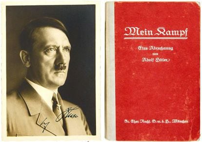 Capa e foto de Hitler em uma primeira edição de ‘Mein Kampf’.