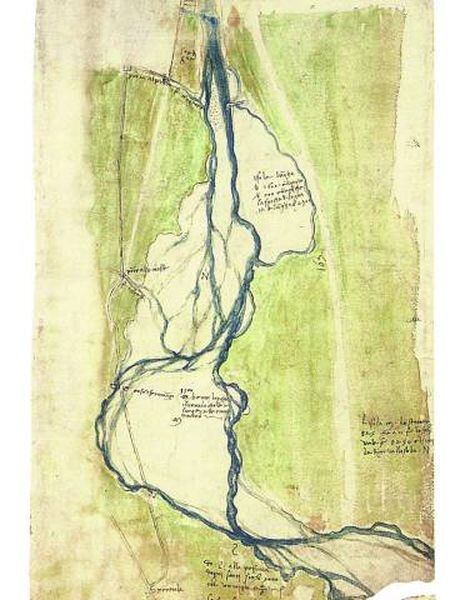 Mapa topográfico com os rios Arno e Mugnone, a Oeste de Florença (1504), aquarela de Leonardo da Vinci.