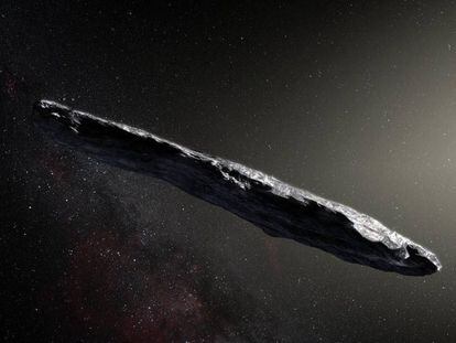 Recriação do asteroide Oumuamua, com meio quilômetro de comprimento.