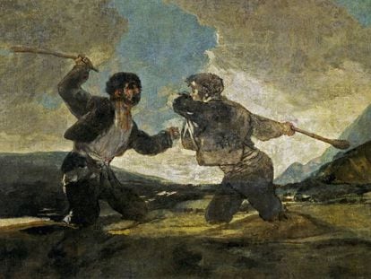 'Duelo com bastões' de Goya se tornou símbolo da violência entre humanos.
